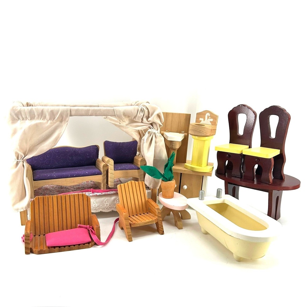Kidcraft Wooden Dollhouse Furniture Lot Canopy Bed Sofa Kitchen Bath Porch Swing